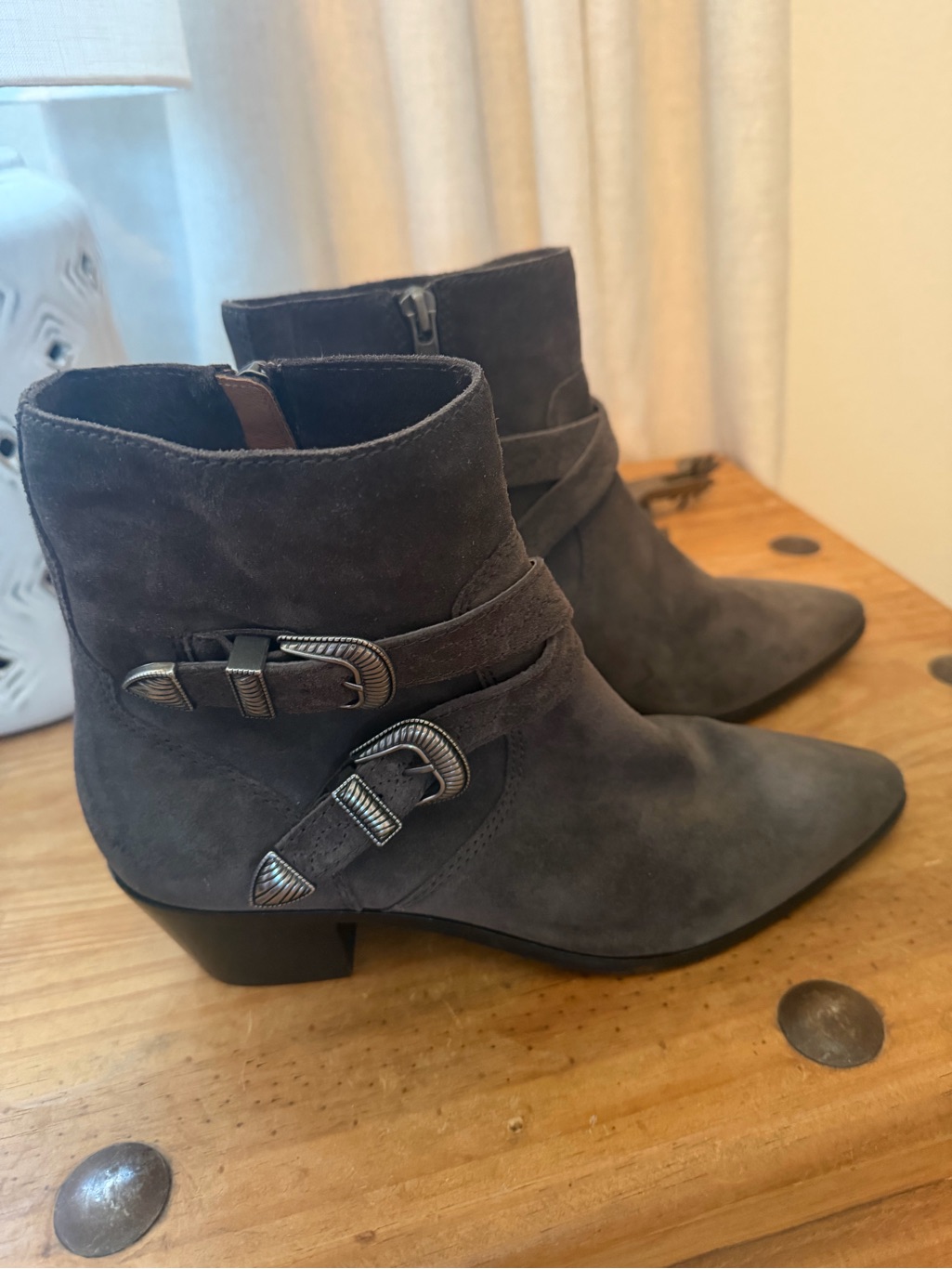 Frye Charcoal Suede Buckle Ankle Boots